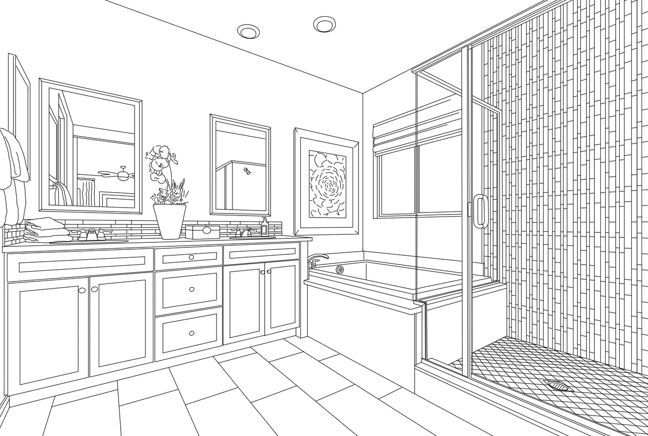 Detailed Drawing of a Custom Master Bathroom on White